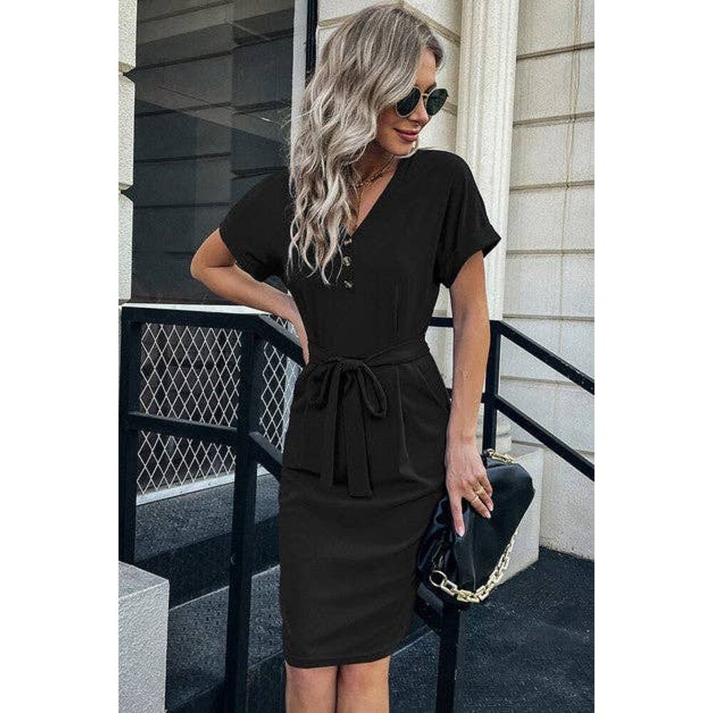 Solid Button Detail Cuffed Pocket Short Dress - Picture 5 of 9